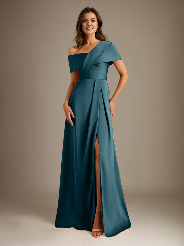 A-Linien asymmetrischer Ausschnitt bodenlanges Satin-Brautkleid für die Brautmutter mit Falten