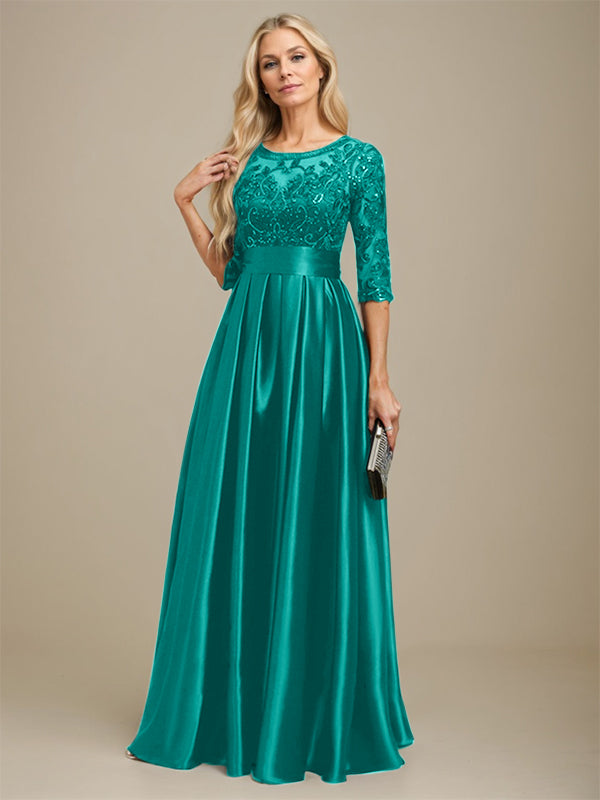 A-Linien Ausschnitt Illusions bodenlanges Stretch-Satin-Spitzenkleid für die Brautmutter mit Schleife und Pailletten