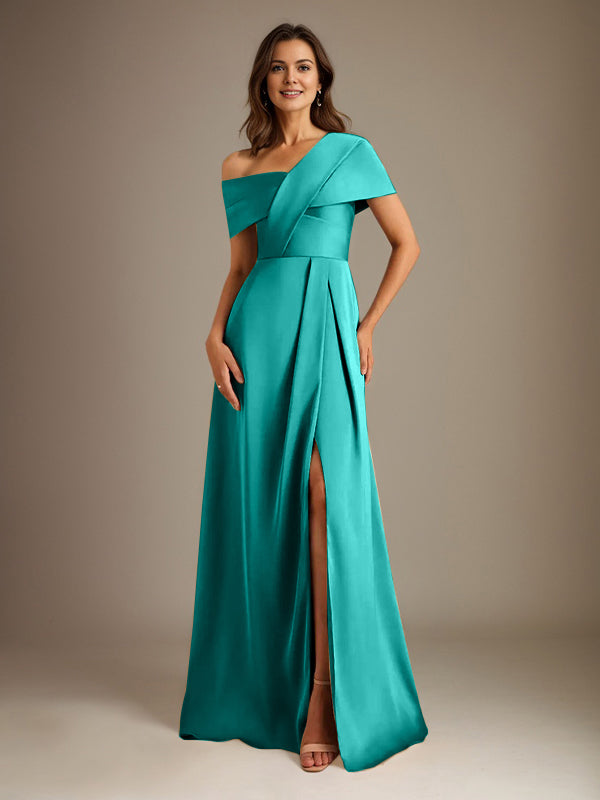 A-Linien asymmetrischer Ausschnitt bodenlanges Satin-Brautkleid für die Brautmutter mit Falten