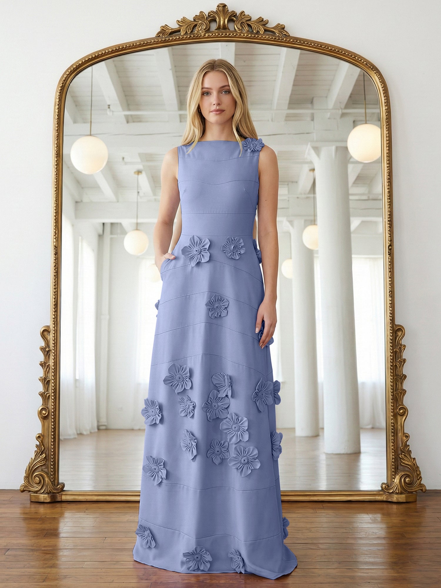 Lavendelfarbenes formelles Kleid mit U-Boot-Ausschnitt und herabfließenden 3D-Blumen