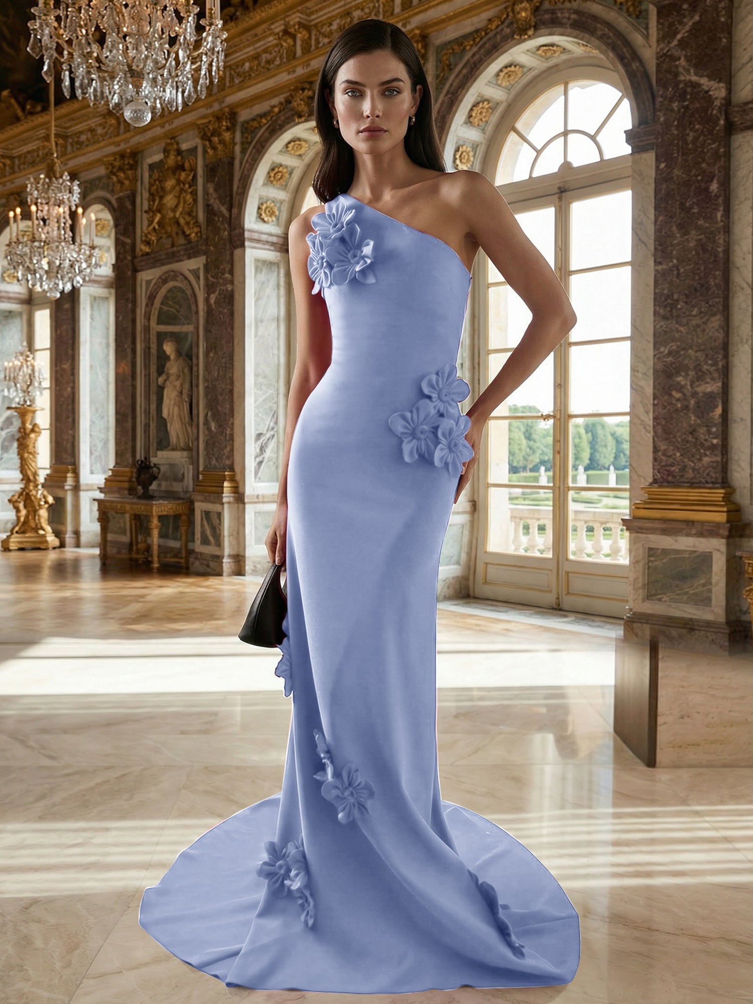 A Line One Shoulder Sleeveless Floor Length Stretch Crepe Dress With 3D Flowers