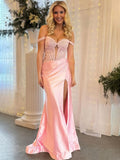 Pink Mermaid Off-Shoulder Sweetheart Appliques Pleated Prom Dress with Slit