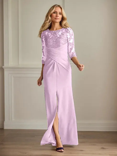 Pflaumenfarbenes eng anliegendes Spitzen Stretch Krepp Kleid für die Brautmutter