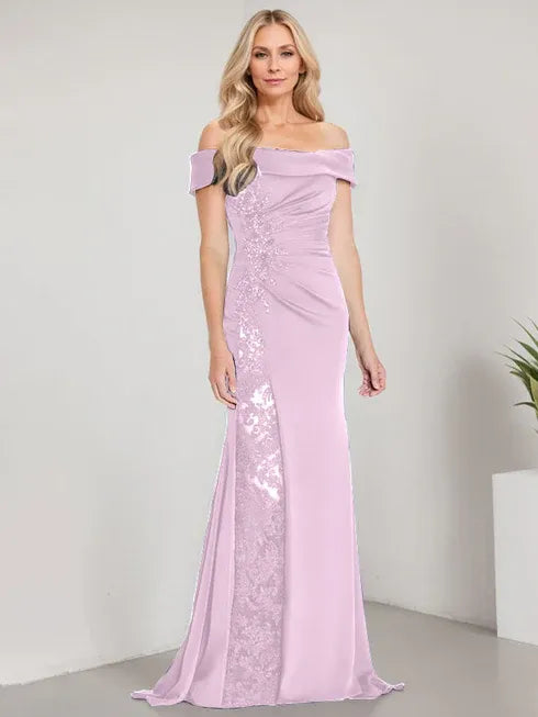 A-Linien Schulterfreies bodenlanges Brautmutterkleid mit Applikationen und Perlenbesatz Meerjungfrauenkleid mit hohem Schlitz