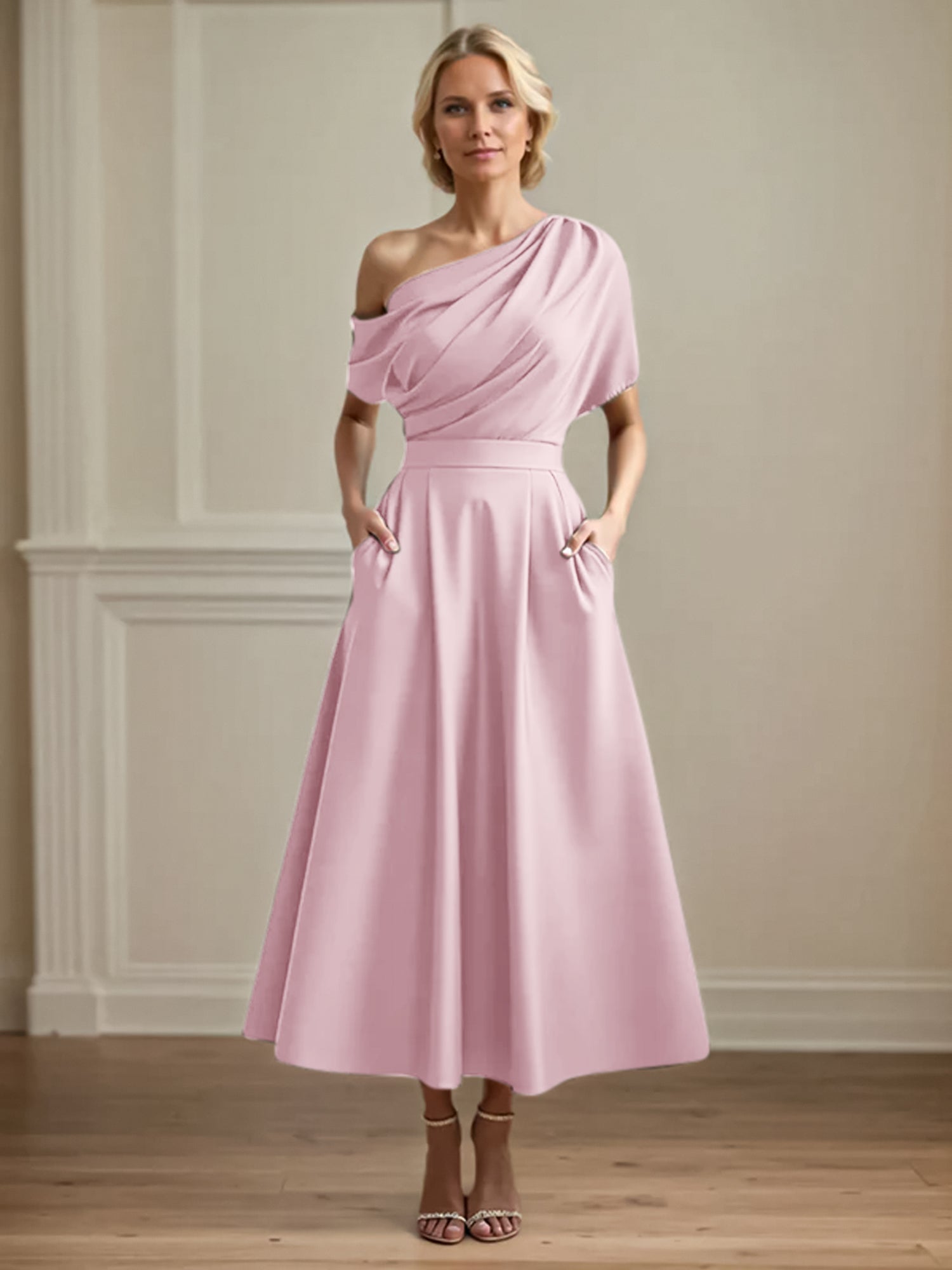 A Line Satin One Shoulder Pleated Ankle Length Mother of the Bride Dress