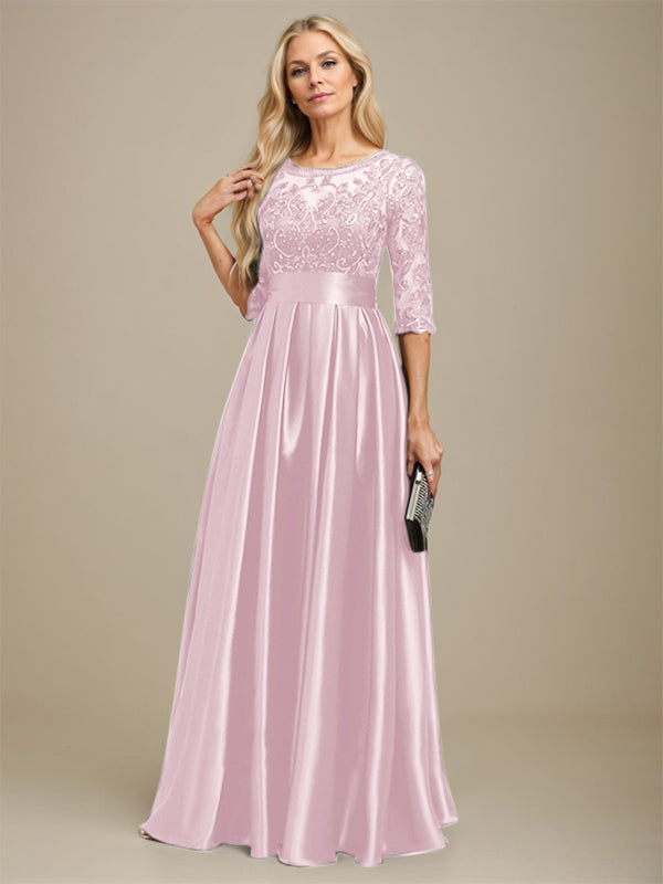 A-Linien Ausschnitt Illusions bodenlanges Stretch-Satin-Spitzenkleid für die Brautmutter mit Schleife und Pailletten