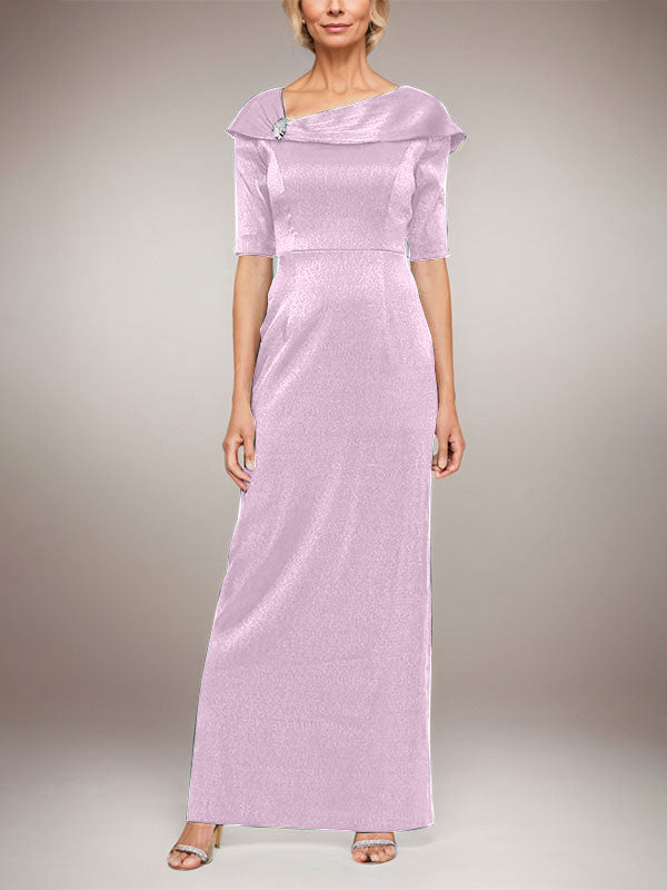 Langes schimmerndes Säulenkleid mit umgeschlagenem Ärmelbündchen, L-Ausschnitt und Ellbogenärmeln