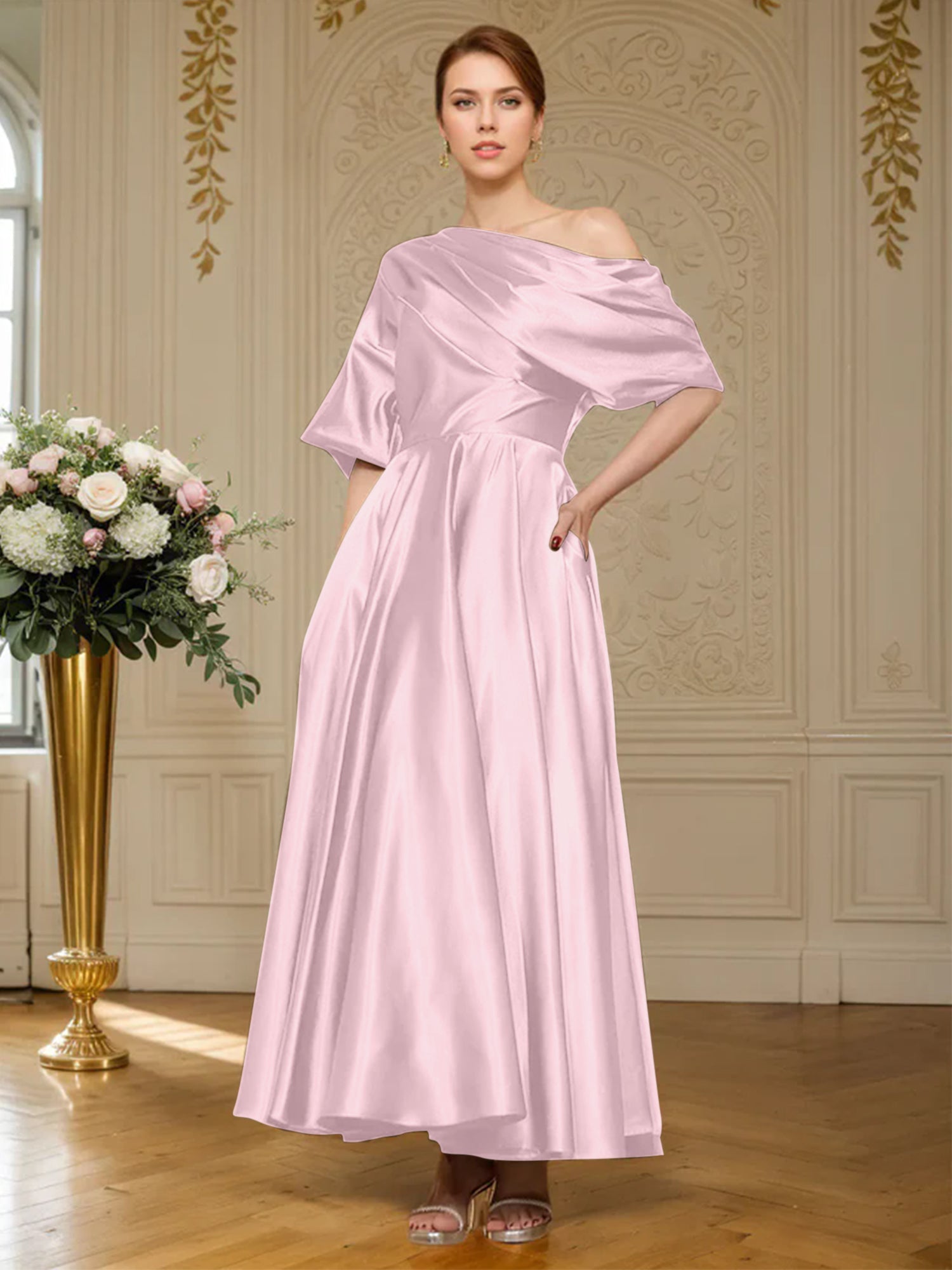 A-Linien Kurzarm plissiertes knöchellanges seidenähnliches Satin Kleid für die Brautmutter