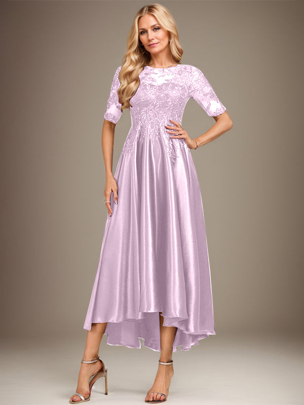 A-Linie Rundhalsausschnitt Illusion Asymmetrisches Stretch-Satin-Spitzen-Brautmutterkleid mit Pailletten