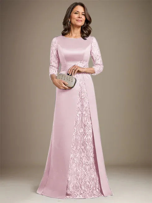 Vestido de madre de la novia largo hasta el suelo con encaje, satén, línea A, escote redondo y aplicaciones