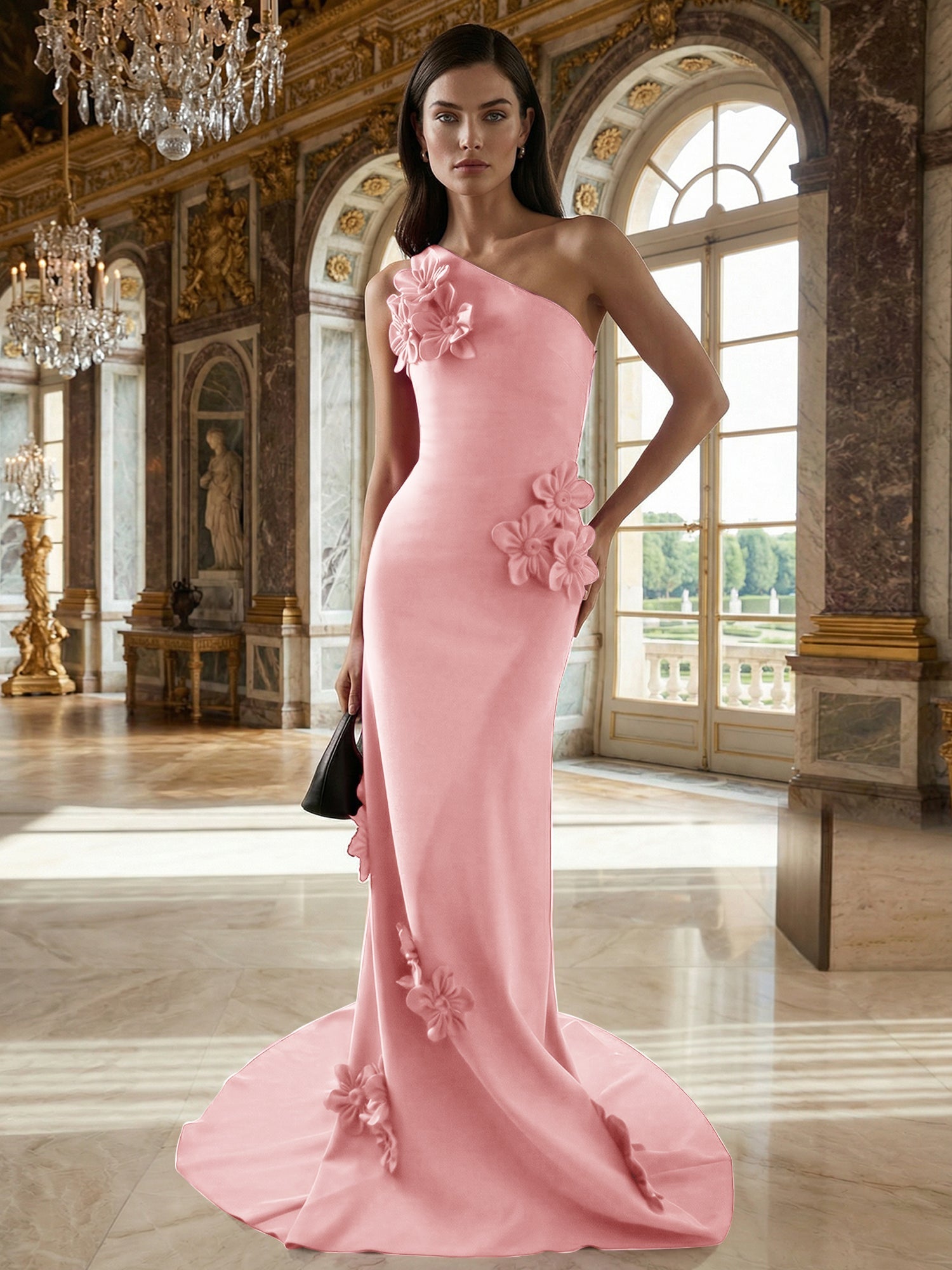 A Line One Shoulder Sleeveless Floor Length Stretch Crepe Dress With 3D Flowers