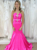 Pink Mermaid Strapless Satin Pleated Long Prom Dress with Bow
