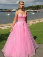 Pink A-Line V-Neck Spaghetti Straps Long Prom Dress with Appliques