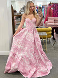 Pink A Line Sweetheart Floral Strapless Long Prom Dress