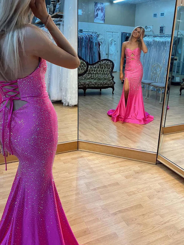 Robe de bal sirène jaune clair bustier avec découpes et perles
