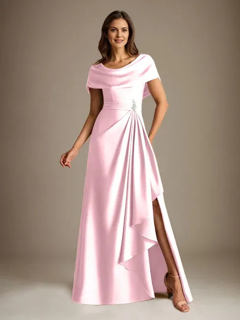 A-Linien-Kleid mit Rundhalsausschnitt, bodenlang, aus Stretch-Satin, Brautmutterkleid mit fallenden Rüschen