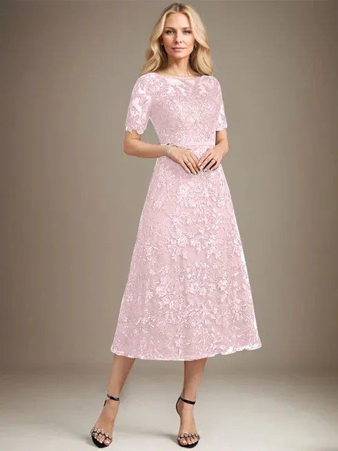 A-Linien Rundhals Illusions-Tea-Length Spitzenkleid der Brautmutter mit Pailletten