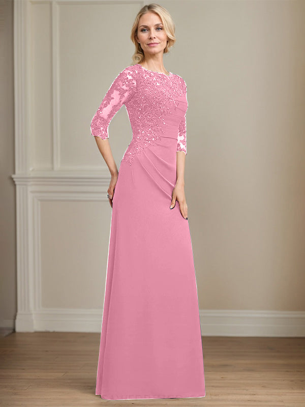 A-Linie Rundhals bodenlanges Chiffon Spitzen Brautmutterkleid mit Perlen Falten Pailletten