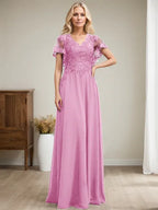 A-Linien V-Ausschnitt Bodenlanges Spitzen-Chiffon Kleid für die Brautmutter mit Pailletten