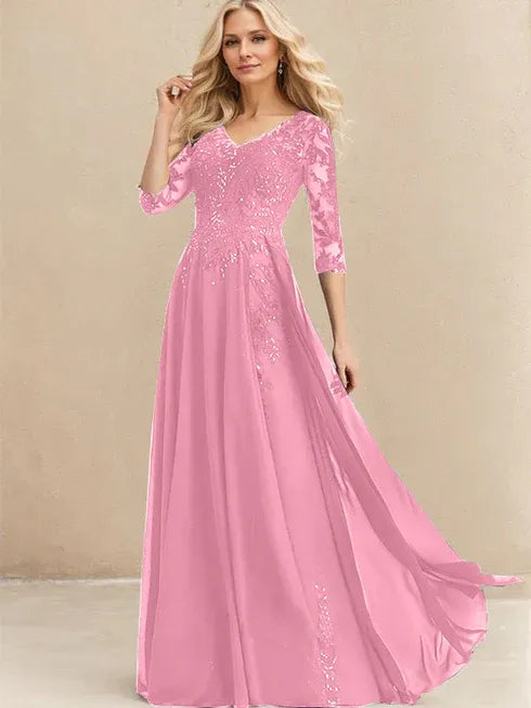 A-Linien V-Ausschnitt Bodenlanges Spitzen-Chiffon Kleid für die Brautmutter mit Pailletten