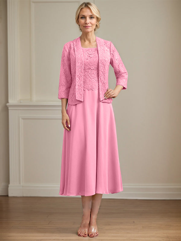 A-Linien Kleid mit Rundhalsausschnitt, tea-länge, Spitze und Chiffon, Mutter der Braut Kleid