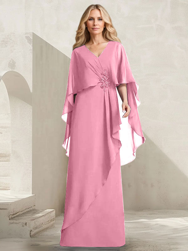 Robe mère de la mariée longue en chiffon coupe trapèze à col en V avec volants en cascade et perles