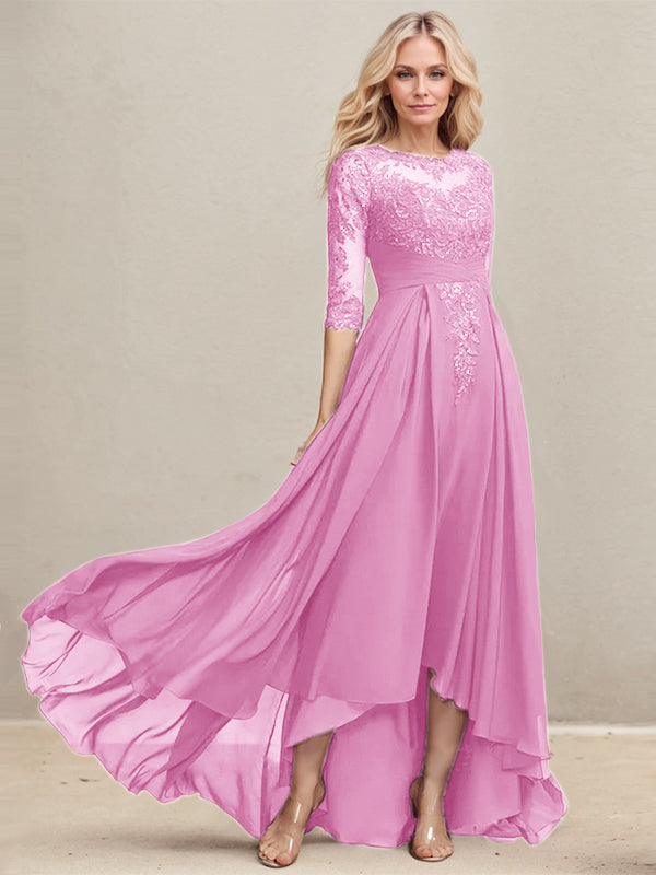 A-Linien Ausschnitt Illusions Asymmetrisches Spitzen-Chiffon Kleid für die Mutter der Braut mit plissierten Pailletten