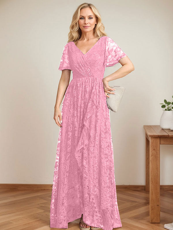 A-Linien Spitzen-Mutter-der-Braut-Kleid mit V-Ausschnitt, asymmetrisch und mit kaskadierenden Rüschen