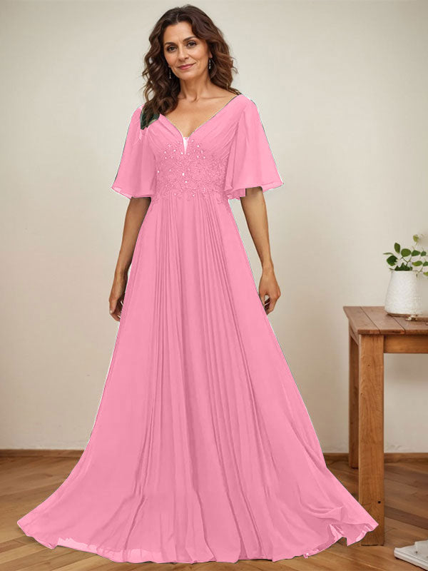 A-Linien V-Ausschnitt bodenlanges Chiffon Mutterkleid der Braut mit Pailletten-Applikationen, Spitze und Falten