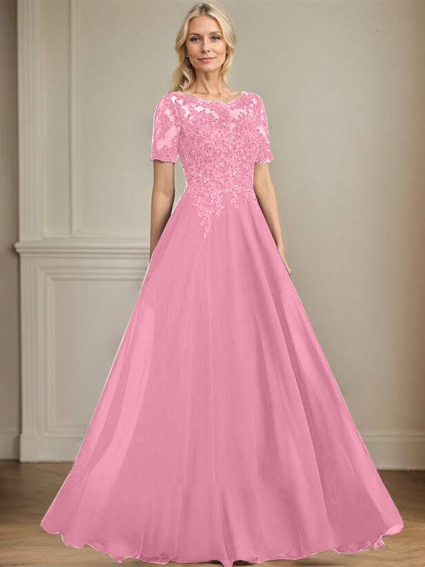 A-Linien Rundhals Illusions-Bodenlanges Chiffon-Spitzenkleid für die Mutter der Braut mit Pailletten und Perlen