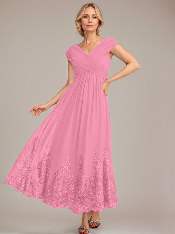 A-Linien V-Ausschnitt Knöchellanges Chiffon Kleid der Brautmutter mit Applikationen und Pailletten
