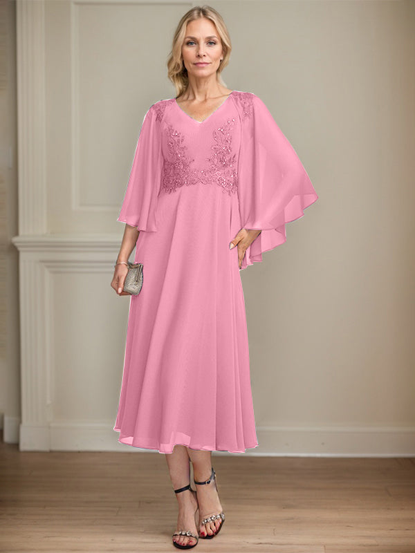 A-Linien-Brautmutterkleid aus Chiffon, V-Ausschnitt, tea-length mit Spitze, Pailletten und Perlen