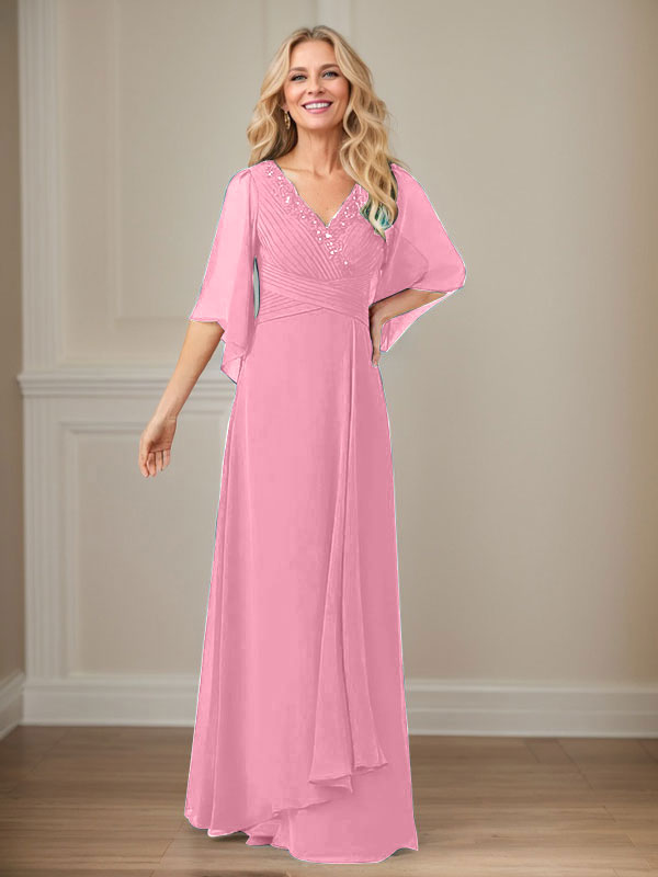 A-Linien V-Ausschnitt langes Pailletten-Chiffon Mutterkleid