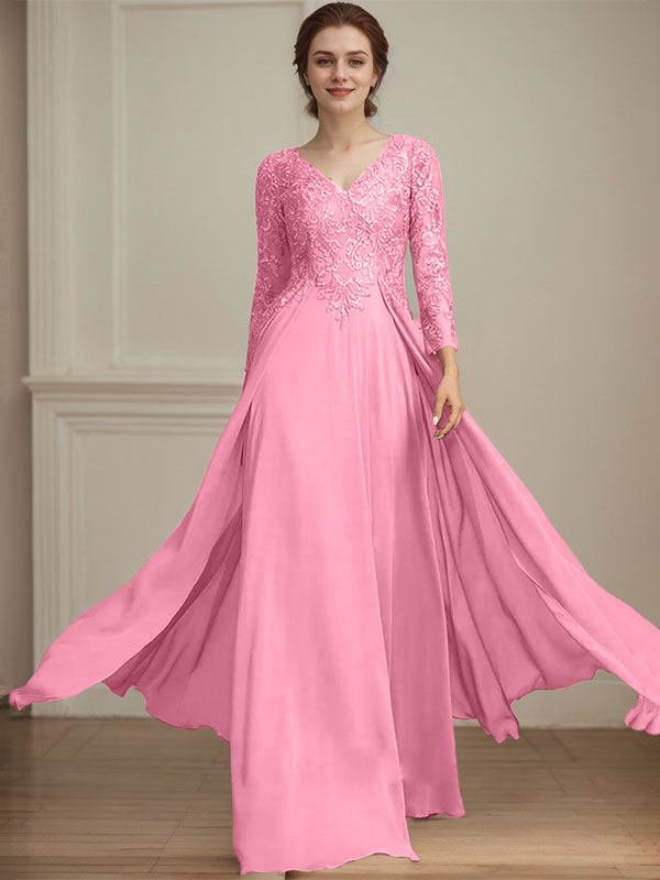A-Linien V-Ausschnitt Bodenlanges Spitzen-Chiffon Kleid für die Brautmutter mit Pailletten