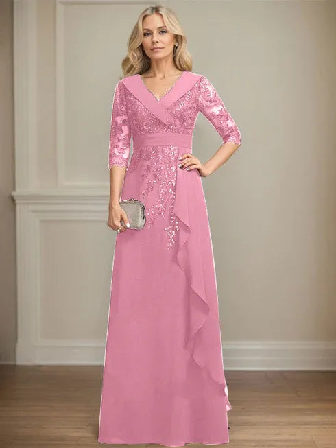 A-Linien Kleid mit Kragen, V-Ausschnitt, bodenlang, aus Spitze und Chiffon, Mutter der Braut Kleid mit Pailletten und fallenden Rüschen