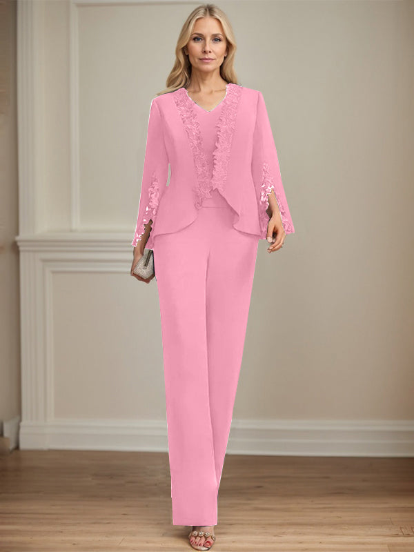 Zweiteiler Jumpsuit/Hosenanzug V-Ausschnitt bodenlanges Chiffon Mutter der Braut Kleid