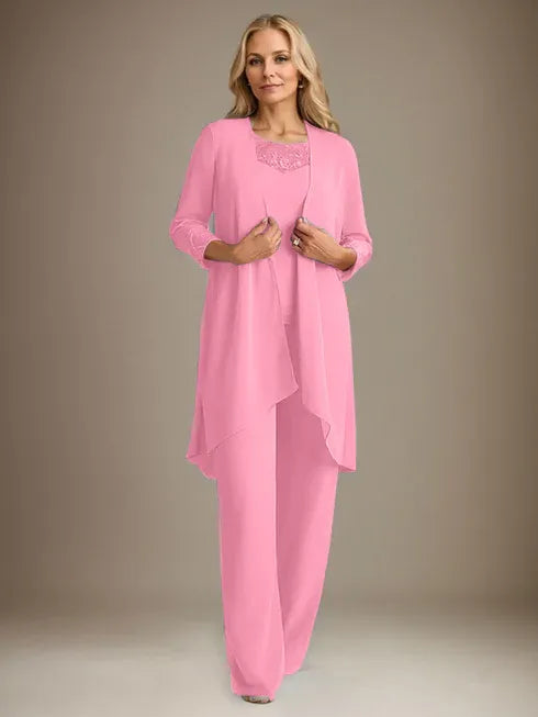 Chiffon Kleid mit Rundhalsausschnitt und langen Ärmeln, Mutter-der-Braut Hosenanzug mit Jacke