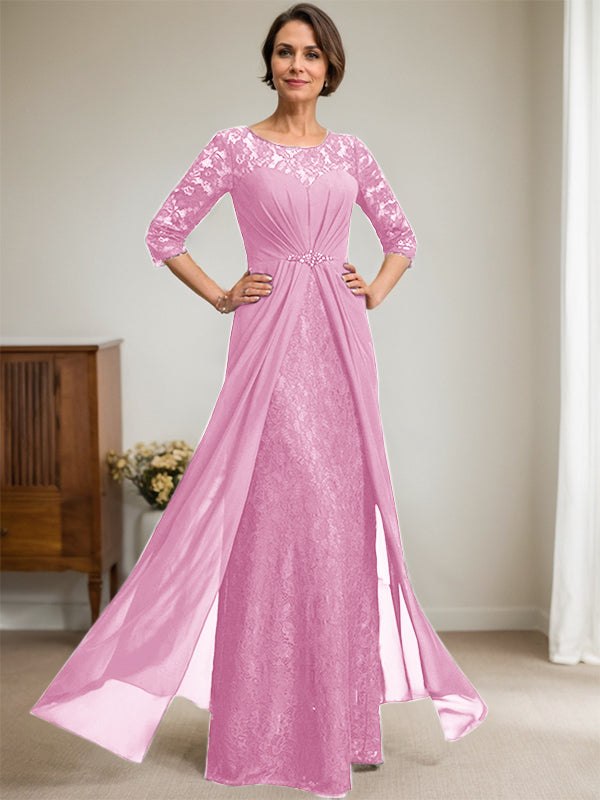A-Linien Rundhalsausschnitt Illusions-Bodenlanges Spitzen-Chiffonkleid für die Brautmutter mit Perlen und Volants