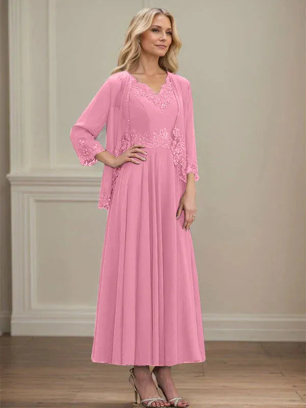 A-Linien Kleid mit V-Ausschnitt, knöchellang, aus Chiffon, Mutter der Braut Kleid mit Pailletten, Applikationen, Spitze und Perlenbesatz