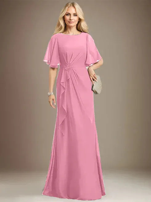 A-Linien Rundhals bodenlanges Chiffon Mutter der Braut Kleid mit kaskadierenden Rüschen Perlen Pailletten