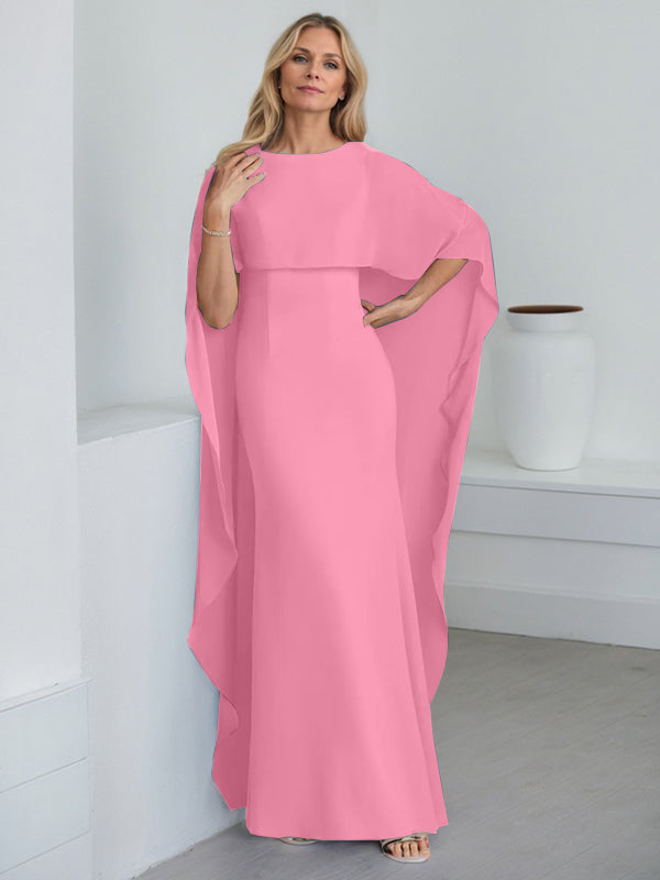 Etui-Kleid mit Rundhalsausschnitt, bodenlang, Chiffon, Mutter-der-Braut-Kleid mit kaskadierenden Rüschen