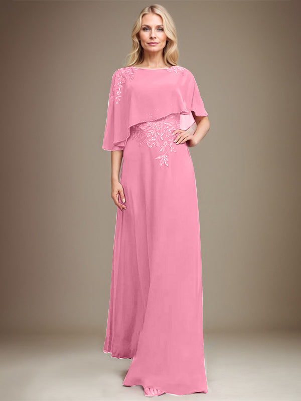A-Linie Rundhals Bodenlanges Chiffon-Spitzenkleid für die Brautmutter mit Pailletten und Perlen