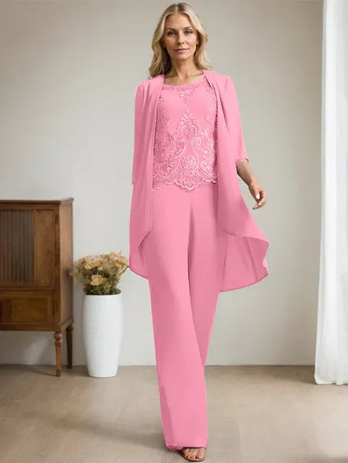 Zweiteiler Jumpsuit/Hosenanzug mit Rundhalsausschnitt, bodenlanges Chiffon-Spitzenkleid für die Mutter der Braut mit Perlen und Pailletten