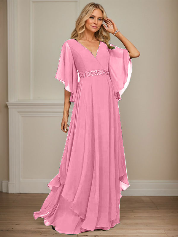 A-Linien V-Ausschnitt bodenlanges Chiffon-Mutter-der-Braut-Kleid mit Pailletten-Applikationen, Spitze und Perlen
