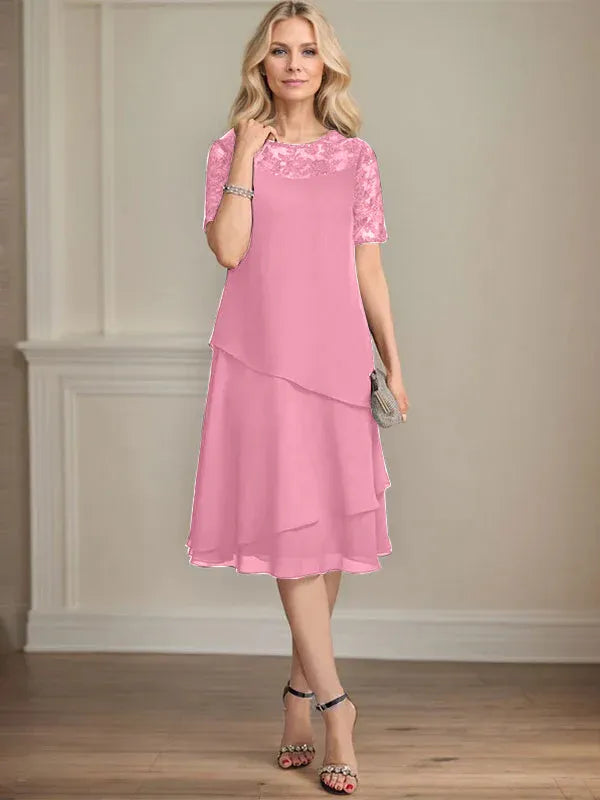 A-Linien Rundhals Illusions-Knie-Länge Spitzen-Chiffon Kleid für die Brautmutter mit Pailletten