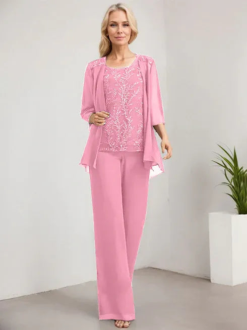 Zweiteiler Jumpsuit/Hosenanzug U-Ausschnitt bodenlanges Spitzen Chiffon Mutter der Braut Kleid mit Pailletten
