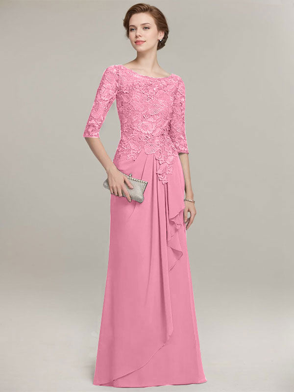 A-Linien Rundhalsausschnitt Illusions bodenlanges Spitzen-Chiffon Mutter der Braut Kleid mit kaskadierenden Rüschen