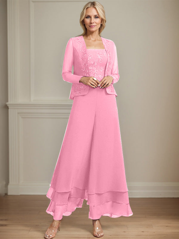 Zweiteiler Jumpsuit/Hosenanzug quadratisch knöchellang Spitze Chiffon Brautmutterkleid mit Pailletten