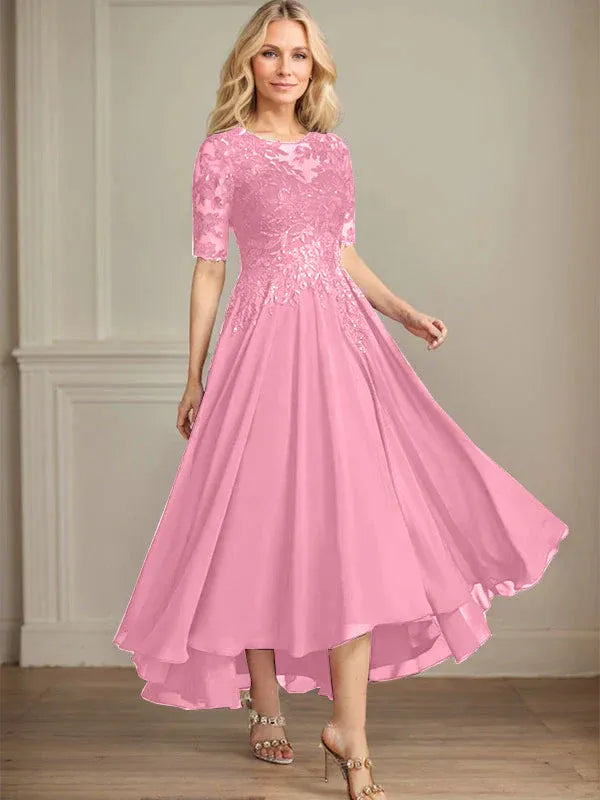 A-Linien Scoop-Ausschnitt Illusion asymmetrisches Chiffon-Spitzen-Mutter-der-Braut-Kleid mit Pailletten