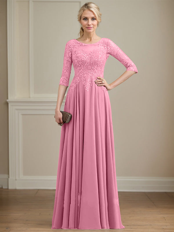 A-line Scoop Illusion Floor-Length Lace Chiffon Mother of the Bride Dress With Sequins